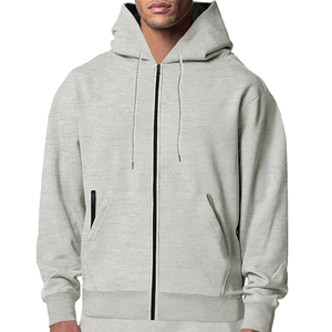 Veste à capuche zippée pour homme en molleton de coton, coupe ample et décontractée, manches classiques, motif uni, poche brodée - Product Image 2