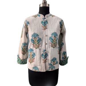 Chaqueta reversible acolchada de algodón con estampado de bloques para mujer, elegante chaqueta reversible floral azul 100% algodón, ropa de invierno de manga larga - Product Image 1