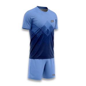 Ensemble de maillots de football sublimés personnalisés pour hommes, bleu dégradé, col rond, manches courtes, coupe athlétique, évacuation de l'humidité - Product Image 1