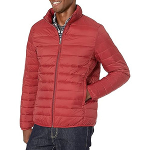 Men's Red Lightweight Puffer <b>Jacket</b> Solid Color Windproof Zipper Closure Casual Autumn Wear Stand Collar Regular <b>Fit</b> - Product Image 1