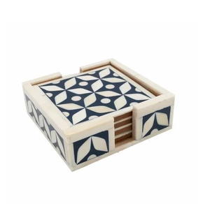 Bone Inlay <b>Coaster</b> <b>Set</b> of 4 Traditional Bone Inlay <b>Coaster</b> With Holder Leaf Design Green and White Non-Slip Mats - Product Image 2