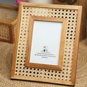 Handmade Rustic Wooden Photo <b>Frame</b> Rectangular Tabletop Decor Natural <b>Wood</b> Seagrass Weave Pattern Vertical Orientation - Product Image 2