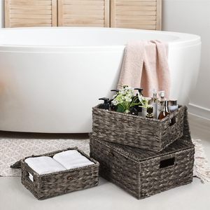 High Quality Eco-Friendly Rustic Water Hyacinth Set 3 Woven <b>Storage</b> Baskets Lid Customized Color Multi-Purpose Multifunction - Product Image 2
