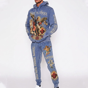 Ensemble de survêtement bleu à capuche pour homme avec imprimé ange et motif Cœur Sacré, streetwear, sweat-shirt et pantalon long, coupe classique - Product Image 1