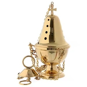 Brass Incense <b>Burner</b> Gold Finish Religious Use With Chain And Cross Top Durable Design <b>For</b> All Season Use - Product Image 1