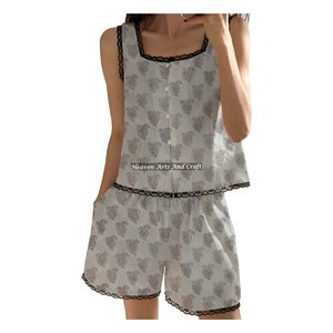 Conjunto de pijama de algodón para mujer con estampado floral a mano, camisón con encaje y pantalones cortos, ideal para primavera/verano, sin mangas, con estampado de bloques. - Product Image 6