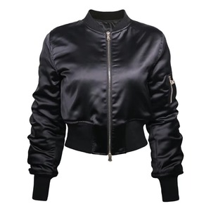 <b>Women</b> Lightweight Satin Bomber <b>Jacket</b> Zip up Stand Collar Short Sleeveless Windproof <b>Flight</b> <b>Jacket</b> Custom Logo for Autumn Winter - Product Image 1