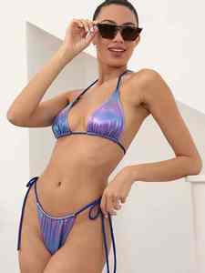 Traje de Baño de Lujo Tejido de 2 Piezas con Logotipo Frontal, Braguita Triangular de Cintura Baja y Estilo Halter para Mujer, Bikini de Playa - Product Image 3