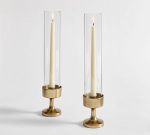 Luxury Brushed Gold Pedestal <b>Hurricane</b> <b>Lantern</b> Set of 2 Brass Finish Pillar Candle Holders Elegant Glass Chimney Buffet Center - Product Image 1
