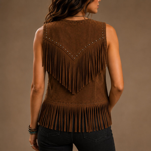 Chaleco de Cuero Genuino para Mujer, Color Marrón, Casual, Sin Mangas, con Flecos, Frente Abierto, con Tachuelas, Prenda Exterior de Moda para Dama, Superventas - Product Image 4