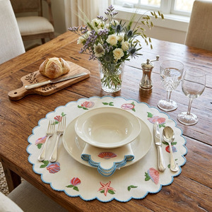 Custom Wholesale Embroidered Marine Round <b>Placemats</b> Napkins Sets Linen Scallop Border Mat Washable Reusable Mats Home Events - Product Image 1