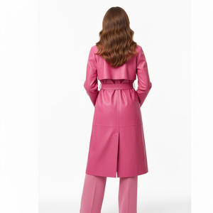 Abrigo Largo de Cuero Rosa con Cinturón, Cuello con Muescas, Manga Larga, Resistente al Viento, Elegante, Ropa de Invierno para Mujer - Product Image 4