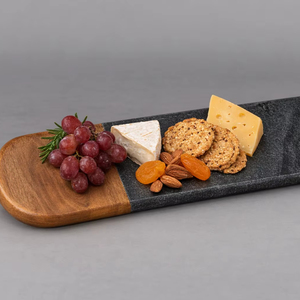 Grande planche à découper en marbre noir et bois d'acacia, plateau de service pour charcuterie, saucisses et snacks, idéal pour les fêtes de déménagement - Product Image 1
