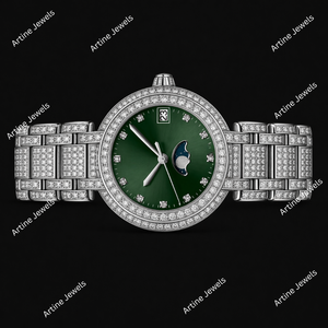 Montre bracelet argentée avec cadran vert, diamants incrustés, affichage de la phase lunaire et de la date, montre de luxe tendance pour hommes et femmes - Product Image 3