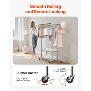 Appendiabiti su Ruote Regolabile in Altezza con 2 Aste Appendiabiti e 2 Ripiani Portaoggetti, Capacità di Carico 120 kg - Product Image 2