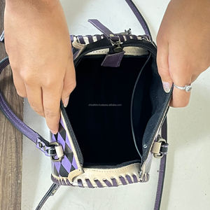 2026 New Arrival Purple Black Checkered Hand <b>Tooled</b> <b>Leather</b> Small Speedy Travel Bag Trending Travel Crossbody Duffel For Unisex - Product Image 6