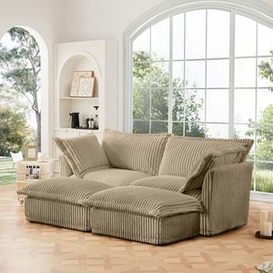 Divano a 2 Posti in Corduroy con Rivestimento Rimovibile, Oversize, per Soggiorno, con 2 Pouf, per Home Theater, Opzione Divano Letto - Product Image 3