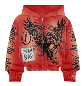 Custom Vintage Acid Wash Heavyweight Oversized <b>Zip</b> Up Hoodie Rhinestone Graphic Distressed Full <b>Zip</b> <b>Hooded</b> Sweatshirt Men - Product Image 2