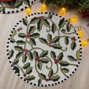 Luxury Handmade Beaded Placemat <b>Round</b> <b>Table</b> <b>Mat</b> Decorative Dining <b>Table</b> Setting Christmas Holly Design Custom Home Decor - Product Image 2