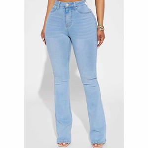 2026 New Design American Style Ladies <b>Stretch</b> Slimming Flare <b>Jeans</b> Light Blue Denim Trouser Pants - Product Image 1