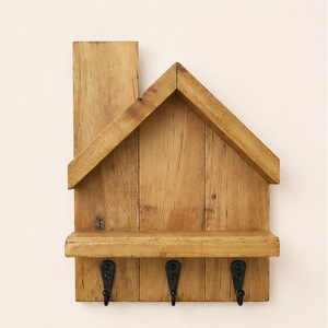 Porta llaves de madera rústico hecho a mano para pared con estante decorativo en forma de casa, organizador de entrada con 3 ganchos metálicos resistentes. - Product Image 5