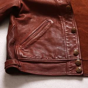 Haute qualité hommes moto équitation veste véritable rouge huile peau de chèvre Vintage cuir manteau broderie décoration tissu matériel - Product Image 4