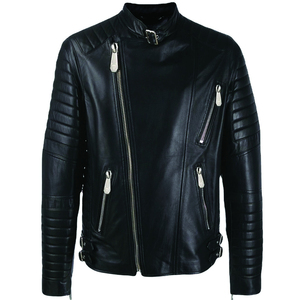 Veste en cuir PU pour homme, col montant, fermeture éclair, coupe ajustée, style moto, pour l'automne, manches classiques, couleur unie - Product Image 1