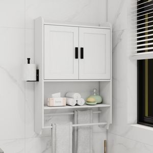 Modern Bathroom <b>Wall</b> <b>Cabinet</b> <b>with</b> <b>Doors</b> Adjustable Shelf and Towel Bar for Over the Toilet Storage - Product Image 1