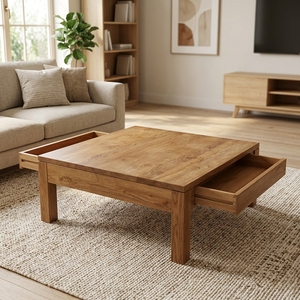 Mesa de Centro Moderna y Minimalista de Madera de Teca Natural, Mesa Central de Madera Sólida con Dos Cajones de Almacenamiento, Cuadrada, para Patio o Sala de Estar - Product Image 4