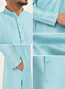 Traditional <b>Men</b> <b>Kurta</b> Pajama Sky Blue Silk Blend Long <b>Kurta</b> Set Ethnic Festival Wedding Wear Party Dress B2B Wholesale - Product Image 6