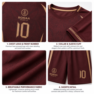 Tenue de football personnalisée bordeaux et or, maillot, short et chaussettes de qualité supérieure, sublimés, antibactériens, séchage rapide, pour équipes de football - Product Image 3