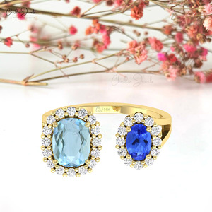 Nuevo Anillo de Doble Halo con Aguamarina y Tanzanita de Corte Cojín de 8x6mm en Oro Sólido de 14K, Fabricante de Joyería ODM - Product Image 4