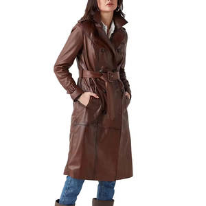 Abrigo Largo de Cuero Genuino para Mujer, Cómodo, Elegante, Corte Entallado, Ropa de Invierno con Cierre de Botones - Product Image 1