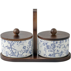 Ceramic Eco-friendly Dishwasher Safe Floral Leaf Pattern Condiment <b>Jar</b> Set Bamboo Wood Tray Kitchen <b>Spice</b> Storage for Home - Product Image 3