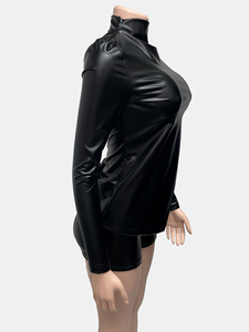 Fashion Custom Logo Summer 2 Piece <b>Pants</b> Set PU Leather Clubwear Bodycon Women Short Sleeve Crop Top Outfits Shorts Sets Women - Product Image 5