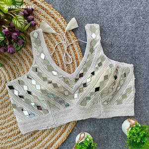 Gorgeous Looking Heavy Silk <b>with</b> Pearl-<b>Mirror</b>-<b>Crystal</b> Sleeveless Padded Blouse Collection Woman Fashion Exporter Indian Supplier - Product Image 5