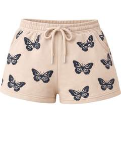 กางเกงขาสั้นผู้หญิงลายผีเสื้อสีเบจผ้าฝ้ายฟลีซลำลองสำหรับฤดูร้อนเอวผูกเชือก ผลิตตามสั่ง ขายส่งเสื้อผ้า - Product Image 1