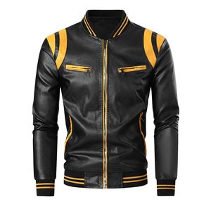 Men's Black PU Leather <b>Jacket</b> With Yellow Color Blocked Design Full Sleeve All Seasons Style Leather <b>Jacket</b> Seasons Style <b>Biker</b> - Product Image 1