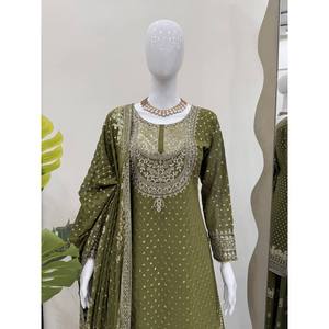 Conjunto de traje de fiesta de diseñador para mujer con hilo y trabajo de secuencia Ropa de noche elegante - Product Image 3
