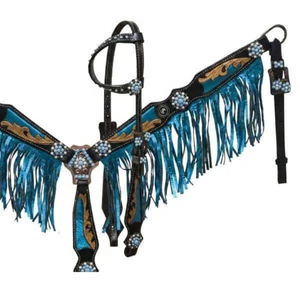 Ensemble de têtière et de collier de poitrine western à une oreille en cuir de vache 100% fait main avec franges, produits équestres en gros du fabricant - Product Image 3