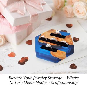 Boîte à bagues en résine et bois - Plateau à bijoux hexagonal fait main, support à bagues de voyage en velours pour cadeaux de fiançailles et de mariage - Product Image 2