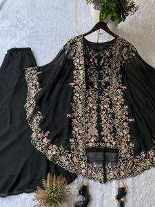 Conjunto de Salwar Kameez Negro con Bordado Floral, Tela Georgette Sintética, Traje Indio Pakistaní para Mujer, Ropa para Fiestas y Bodas - Product Image 3