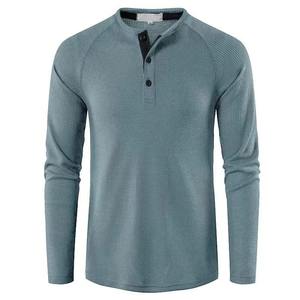 <b>Men's</b> Long Sleeve Henley <b>T</b>-<b>Shirt</b> 100% Cotton Blank Solid Textured Knitted Pullover Breathable Eco-Friendly Casual Wear for - Product Image 2