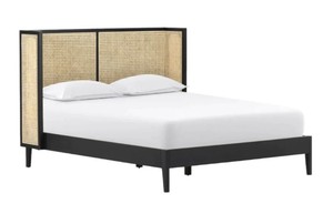 Modern Rattan Headboard <b>Bed</b> <b>Frame</b> Wooden Bedstead Black and Natural Panel <b>Bed</b> for Hotel Home Bedroom - Product Image 5