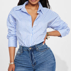 Camisa a Rayas de Manga Larga para Mujer, Talla Grande, Estilo Casual, Cuello Camisero, Blusa de Primavera, Camisas de Algodón - Product Image 1