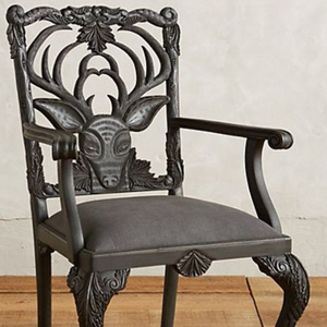 Luxury Handcrafted Solid Wood <b>Dining</b> <b>Armchair</b> Ornate Deer Head Carving Matte Black Upholstered Seat - Product Image 2