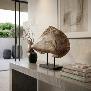 Escultura de Pez de Madera Tallada a Mano, Estatua Decorativa de Animal Marino, Arte Folclórico, Adorno de Mesa para el Hogar o Bodas - Product Image 3