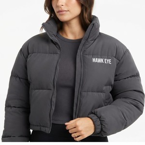 Chaqueta de invierno acolchada de mezclilla gris carbón para mujer, a la moda, cortavientos, impermeable, con cuello alto y cremallera completa - Product Image 4