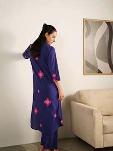 Blue Floral Embroidered <b>Maxi</b> <b>Dress</b> With Three Quarter Sleeves Loose Fit Casual Daily Wear Cotton Bamboo Fiber Woven Hand Embroid - Product Image 4