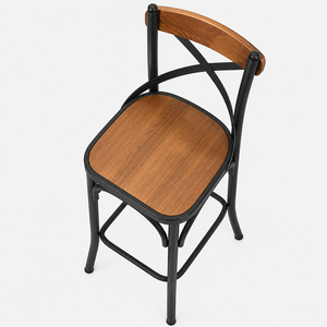 Modern Wooden Bar <b>Stool</b> Backrest and <b>Seat</b> Close Up with Black Metal Frame Premium Wood Grain Industrial Furniture Design - Product Image 6